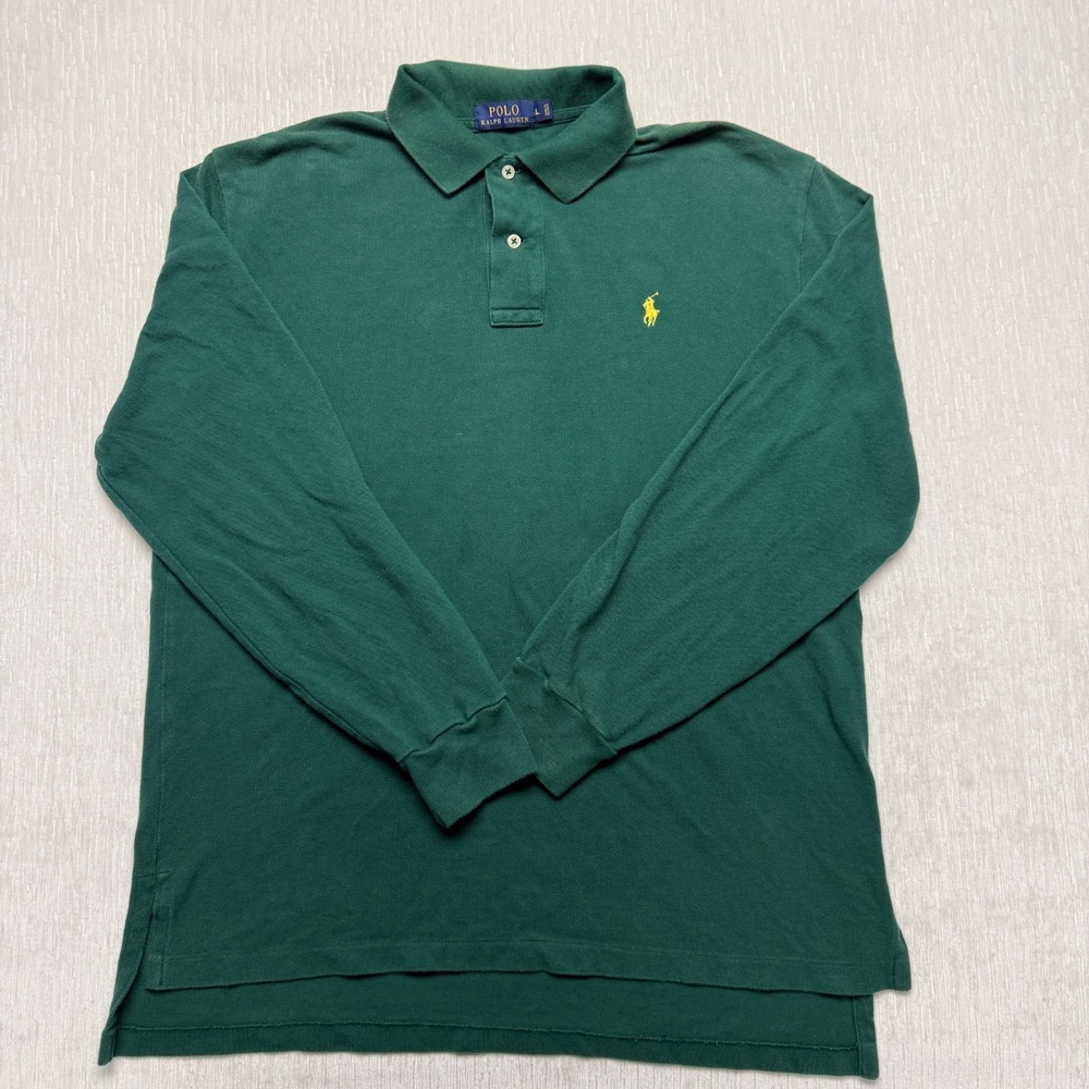 VTG Ralph Lauren Polo Shirt Mens Large Green Cotton Pony Logo Blue Label Preppy